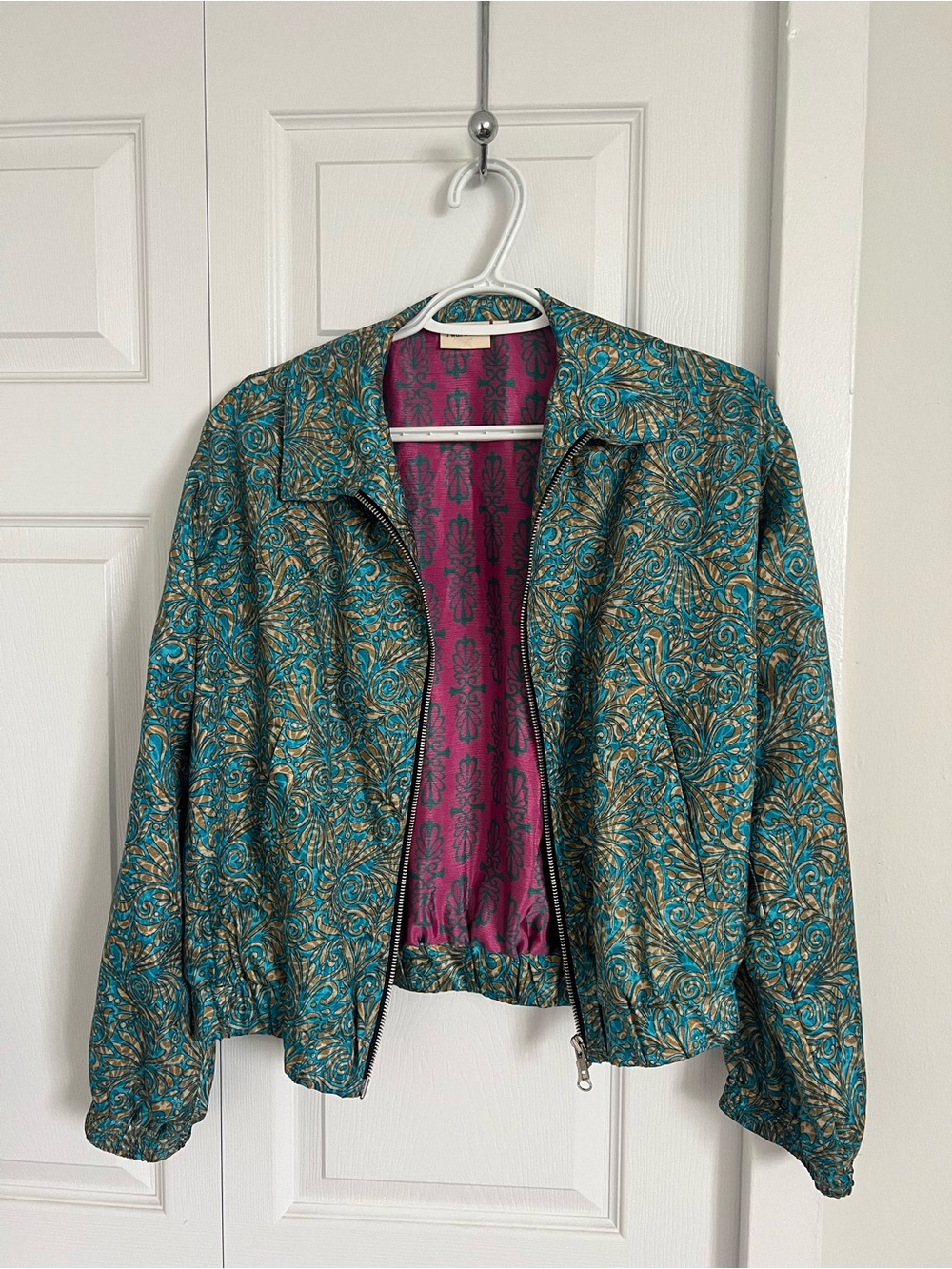 Teal and Gold Paisley-Print Bomber Jacket for Women